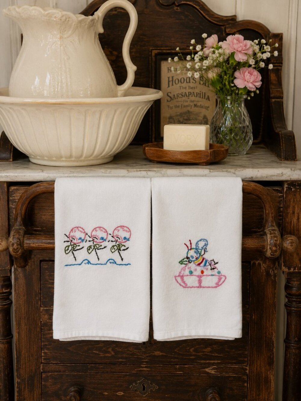 Two Vintage Cotton Hand Embroidered Kitchen‎ Towels